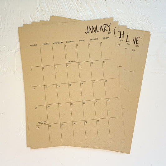 2026 kraft monthly planner sheets