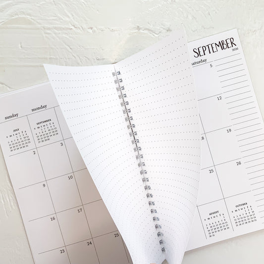 SAMPLE PLANNER - 2026 small monthly spiral planner | pages between months