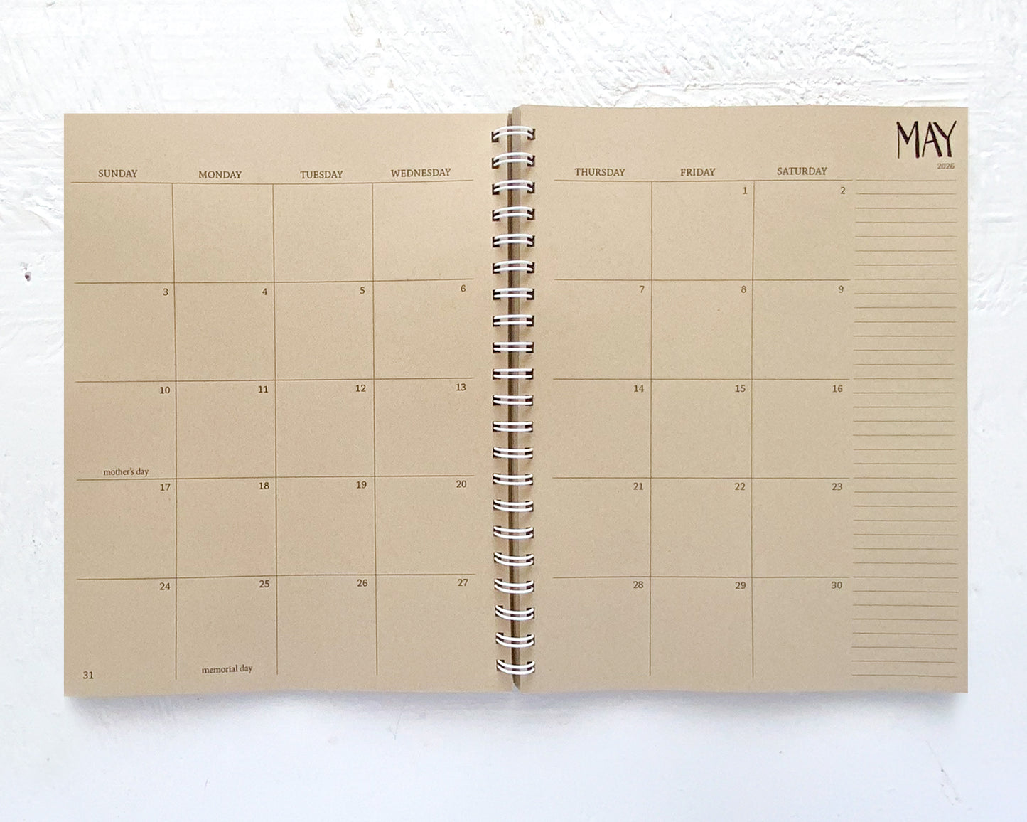 3 year large kraft monthly spiral planner | pages between months | start any month