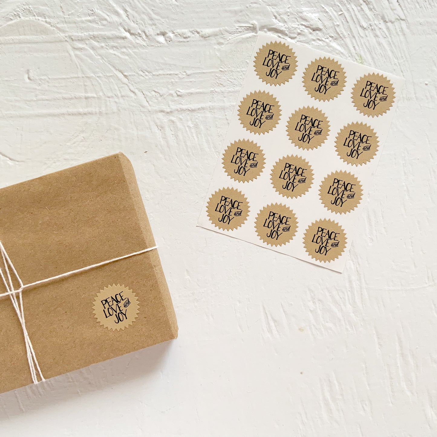 tiny kraft starburst stickers - peace, love & joy