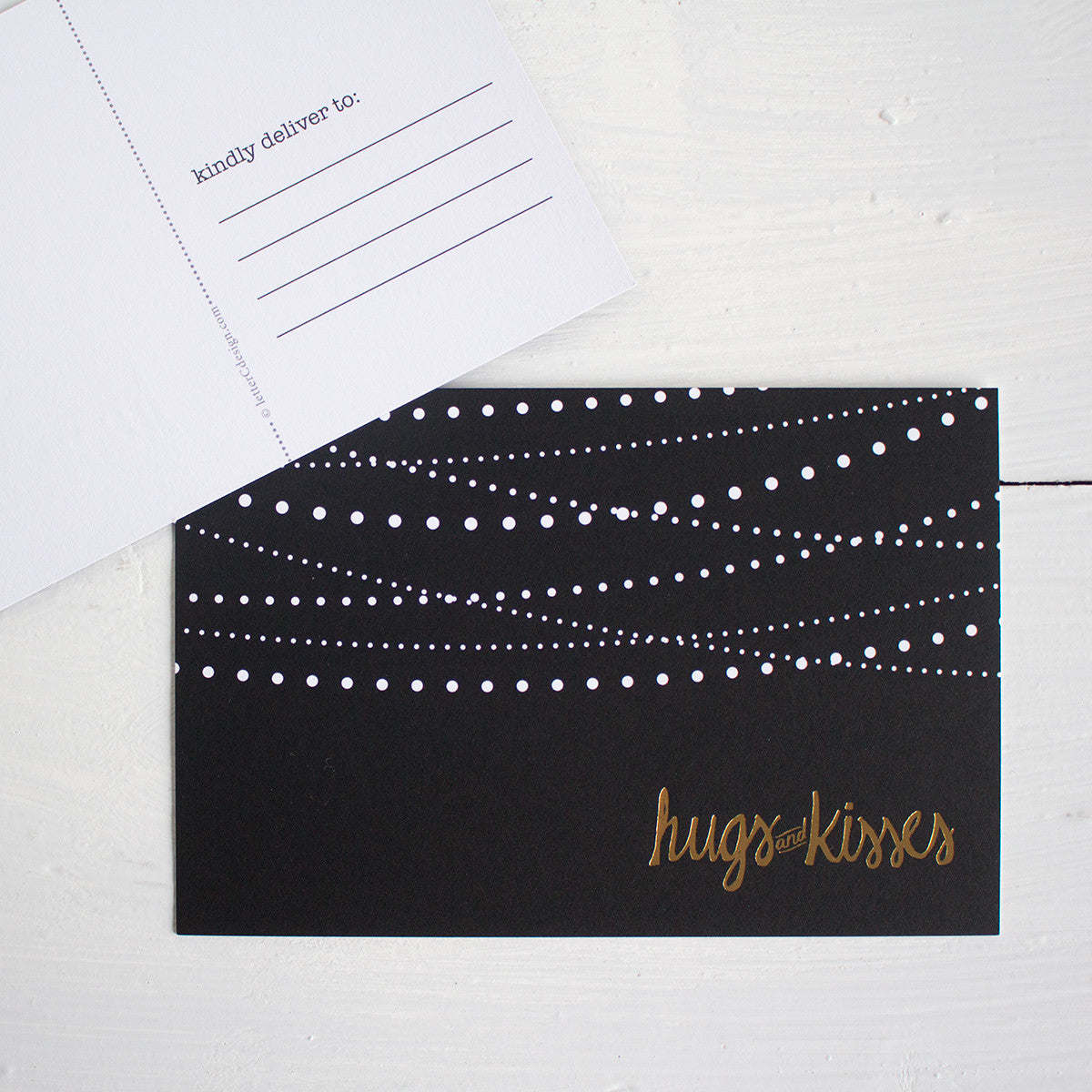 black, white and gold hugs and kisses postcards