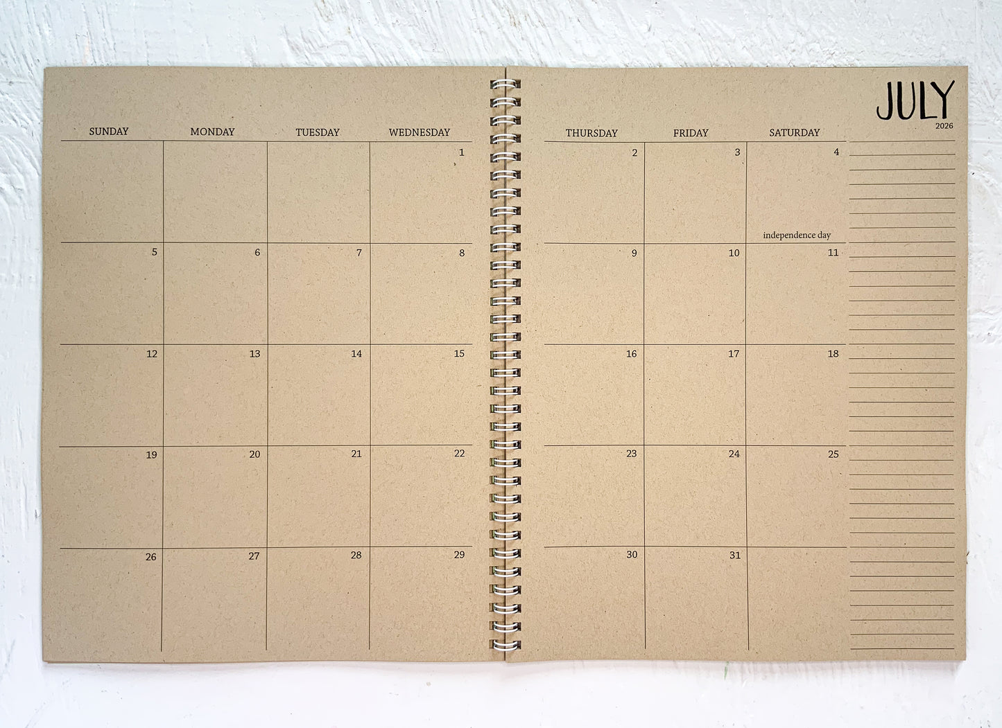 2026 large kraft monthly spiral planner | 2 pages per month