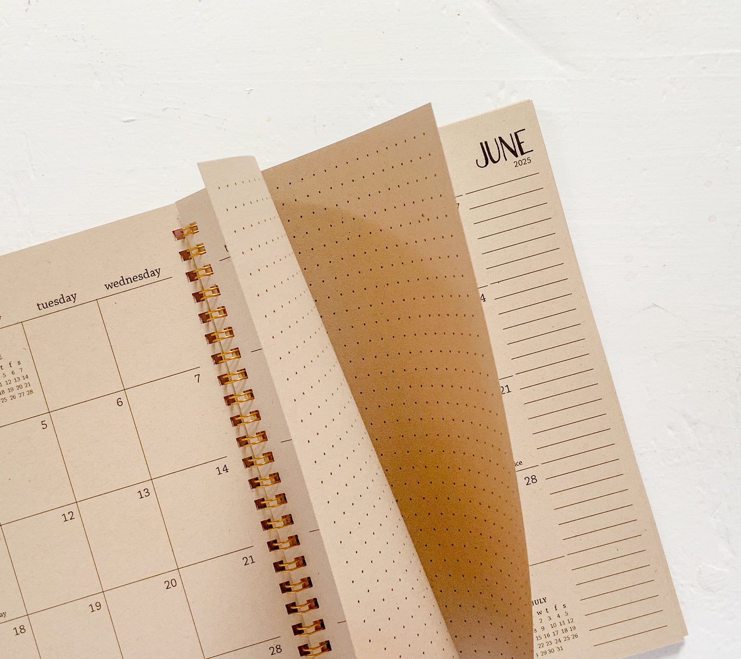 2025 small kraft monthly spiral planner | pages between months