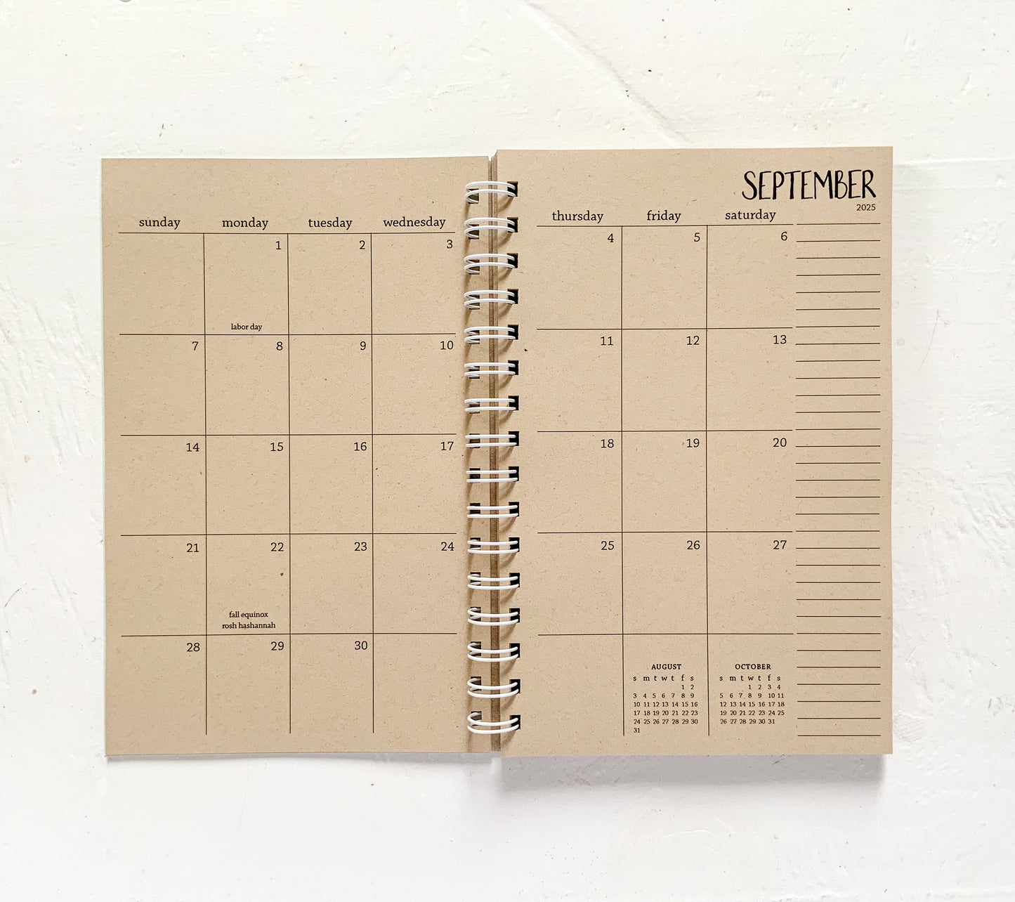 2025 small kraft monthly spiral planner | pages between months