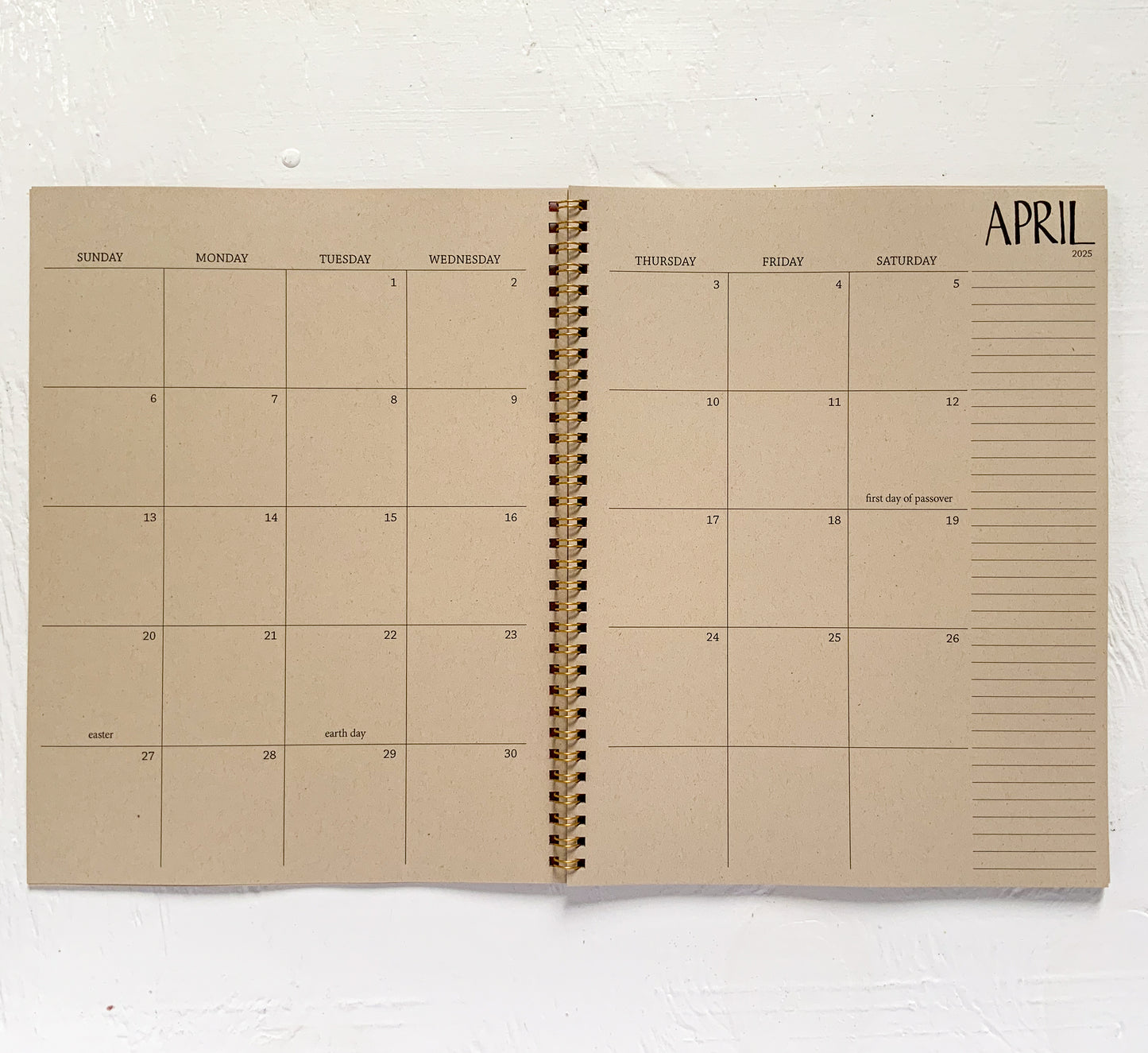 2025 large kraft monthly spiral planner | 2 pages per month