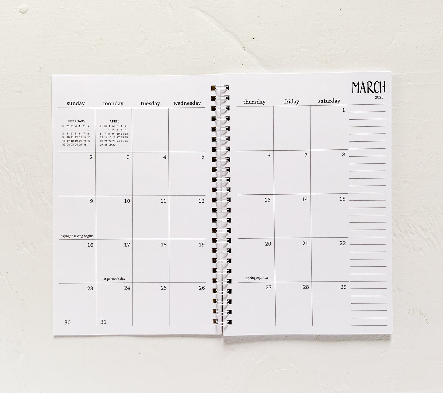 2025 small monthly spiral planner | pages between months