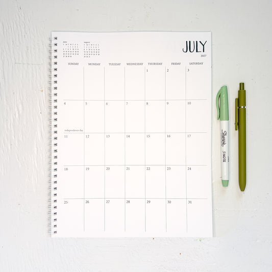 2027 large monthly spiral planner | 1 page per month