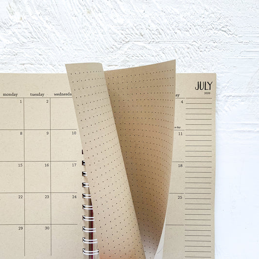 3 year small kraft monthly spiral planner | pages between months | start any time