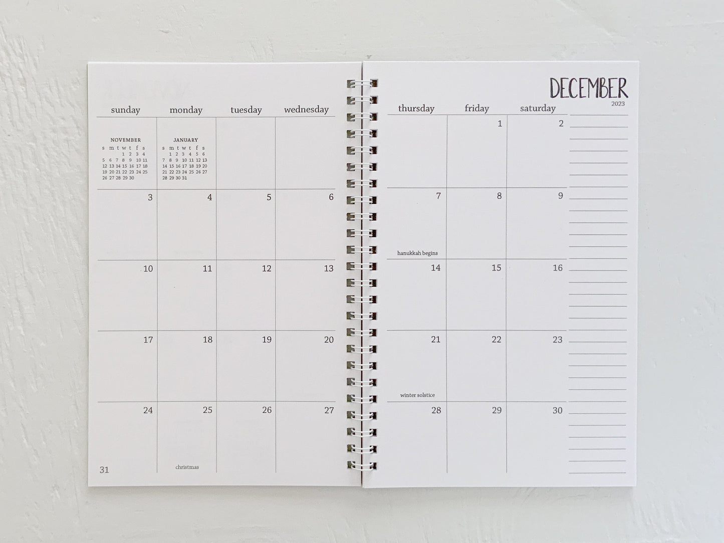 small monthly spiral planner | pages between months | start any month