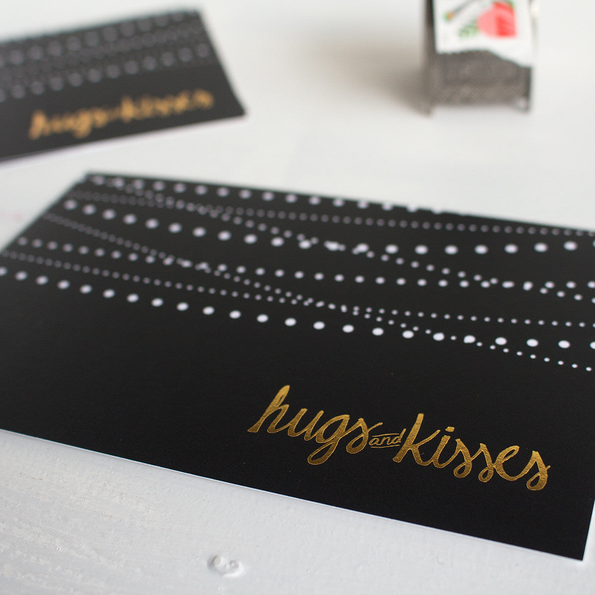 black, white and gold hugs and kisses postcards